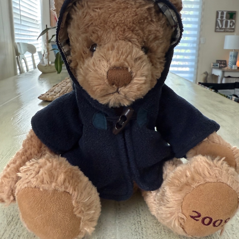 Burberry 2009 Brown Teddy Bear with Navy Blue Hoodie-signature Burberry pattern.